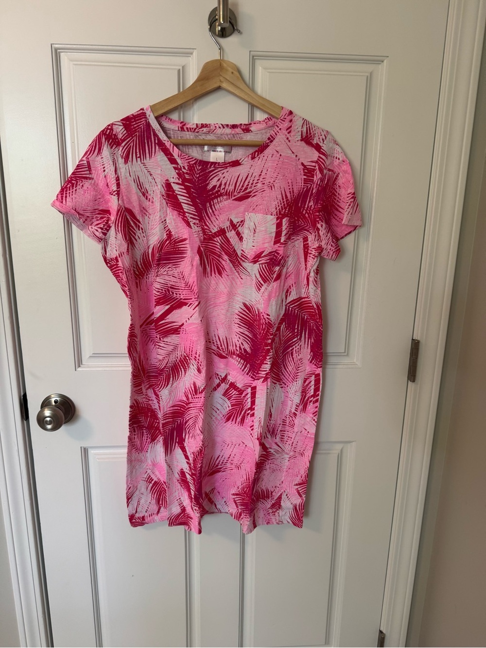 Women's Pink Palm-Print Short Sleeve Dress/Cover Up